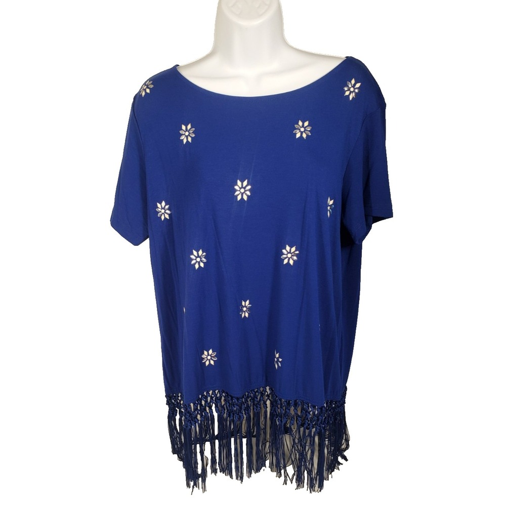 Ruby Rd. Favorites‎ Womens M Blue Fringe Embellished Top Short Sleeve Shirt